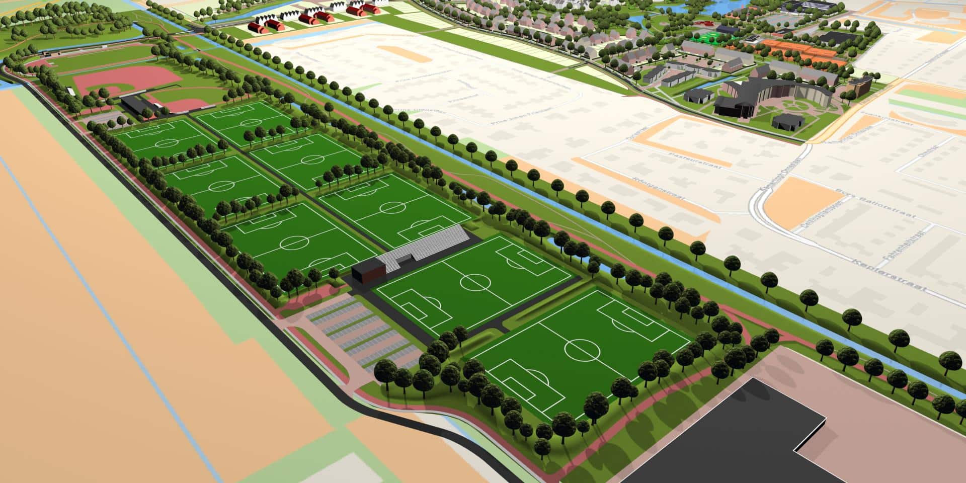Grafische voorstelling van het nieuwe sportpark De Veldpost, Badhoevedorp, gemeente Haarlemmermeer.