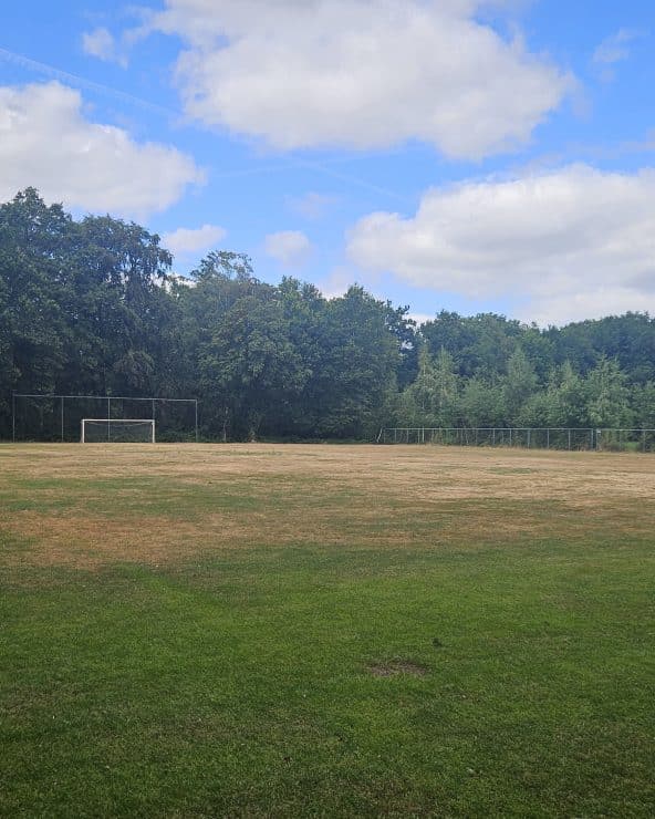 Sportveld met grootschalige droogteschade en verdroogde grasmat